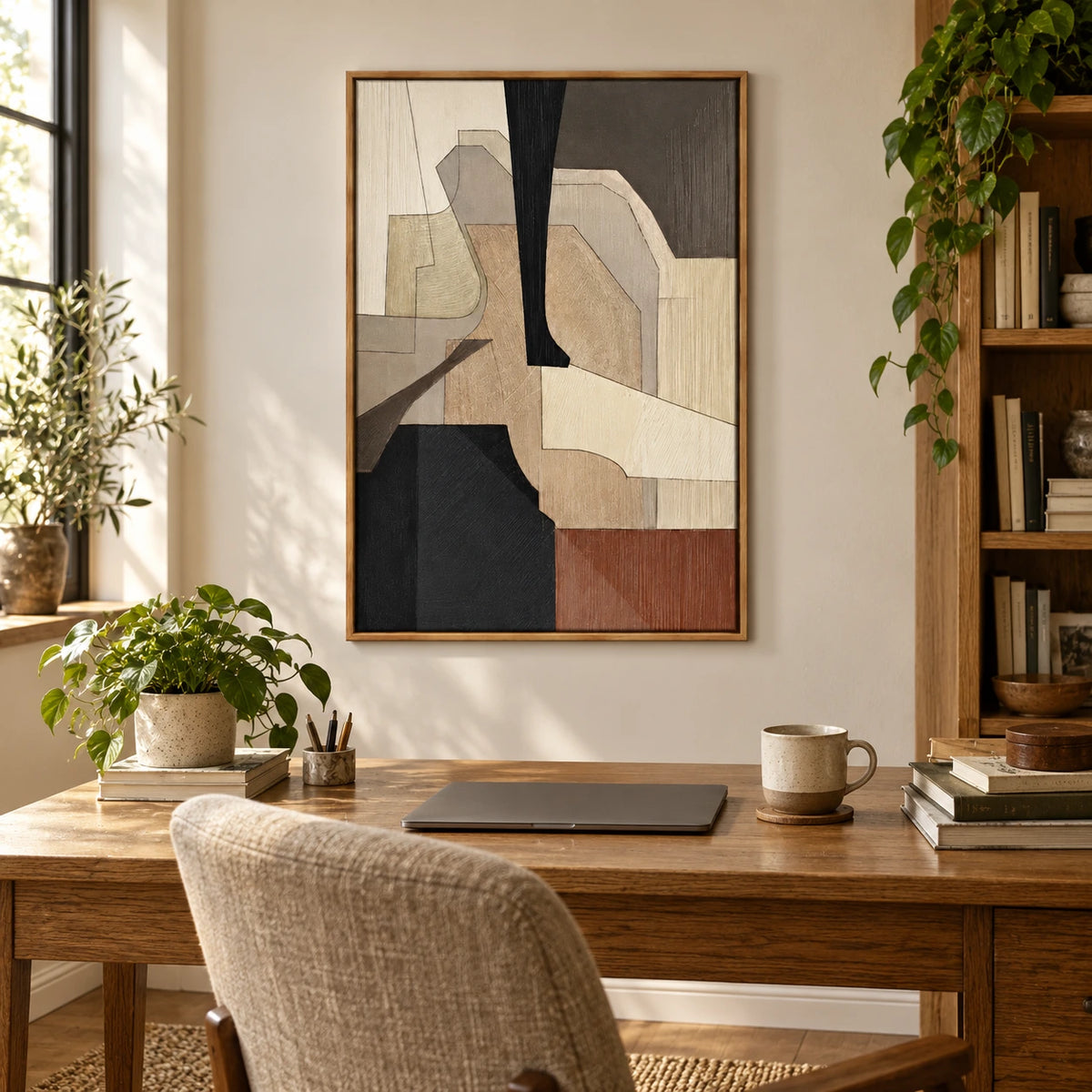Neutral Geometric Shapes Oil Painting | Black Taupe Brown and Cream Layered Forms Vertical Abstract Wall Art OA 1763