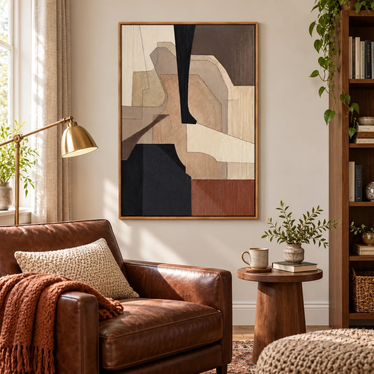 Neutral Geometric Shapes Oil Painting | Black Taupe Brown and Cream Layered Forms Vertical Abstract Wall Art OA 1763