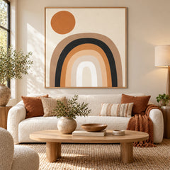 Neutral Rainbow and Terracotta Sun Oil Painting | Beige Black and Ochre Geometric Square Wall Art #OA 1674