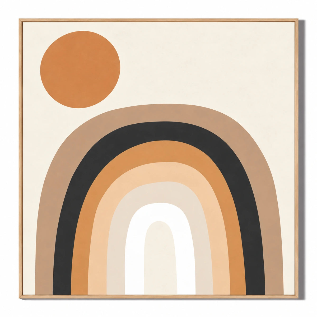 Neutral Rainbow and Terracotta Sun Oil Painting | Beige Black and Ochre Geometric Square Wall Art OA 1674