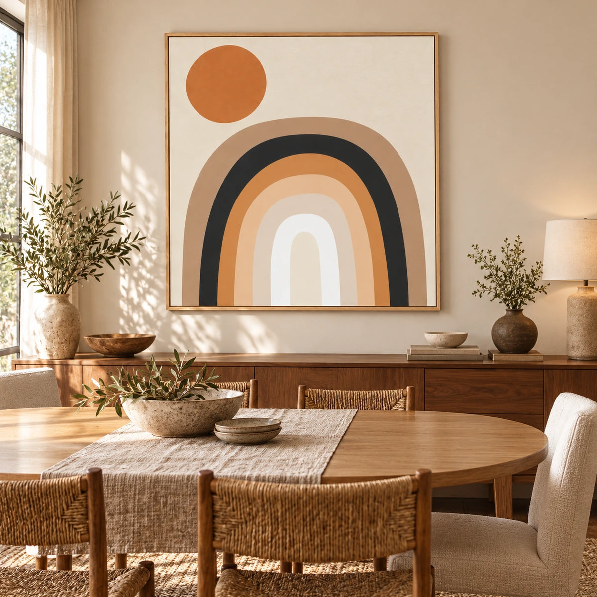 Neutral Rainbow and Terracotta Sun Oil Painting | Beige Black and Ochre Geometric Square Wall Art OA 1674
