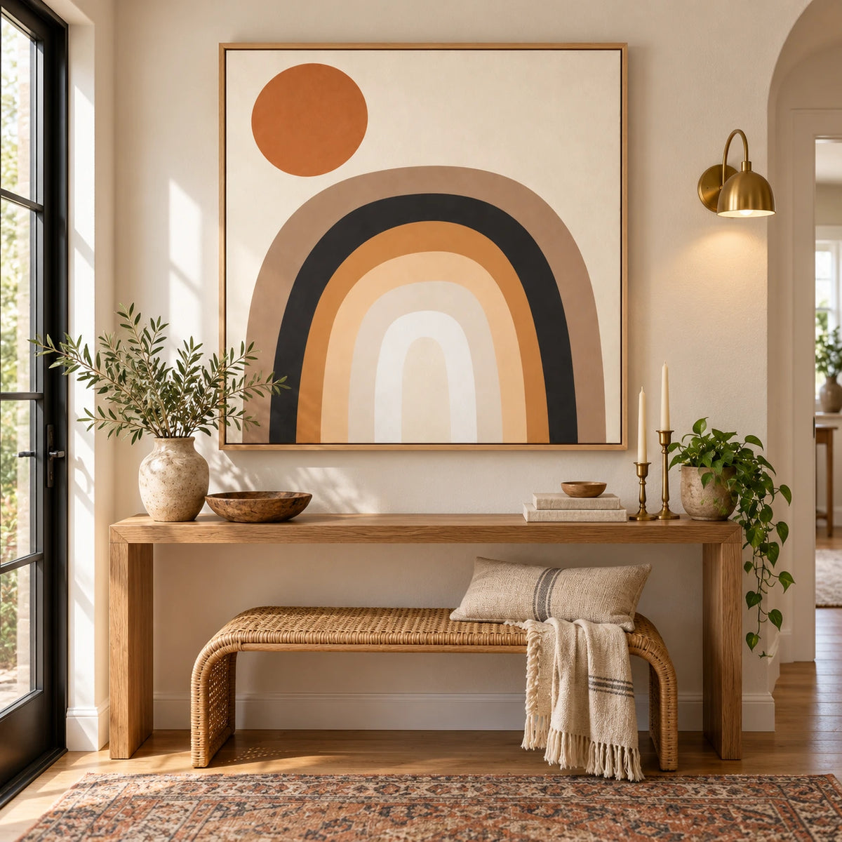 Neutral Rainbow and Terracotta Sun Oil Painting | Beige Black and Ochre Geometric Square Wall Art OA 1674