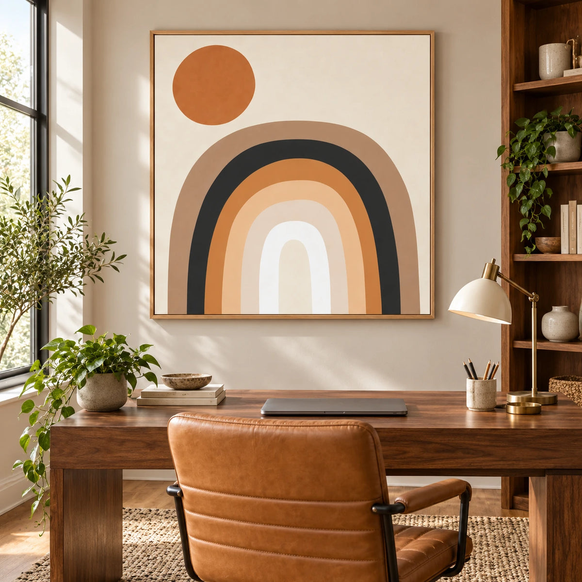Neutral Rainbow and Terracotta Sun Oil Painting | Beige Black and Ochre Geometric Square Wall Art OA 1674