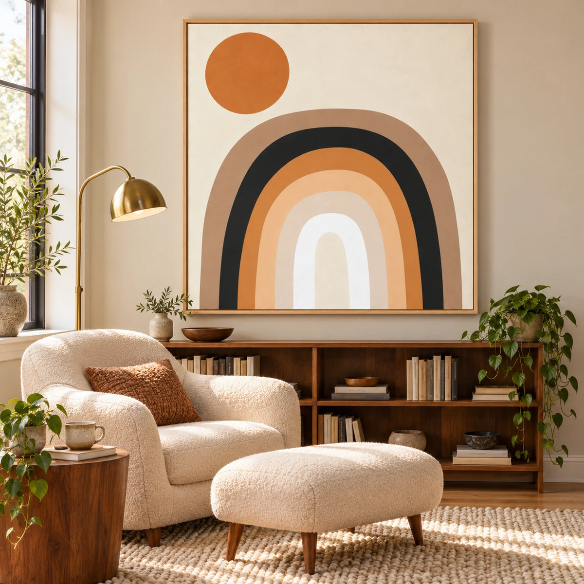 Neutral Rainbow and Terracotta Sun Oil Painting | Beige Black and Ochre Geometric Square Wall Art OA 1674