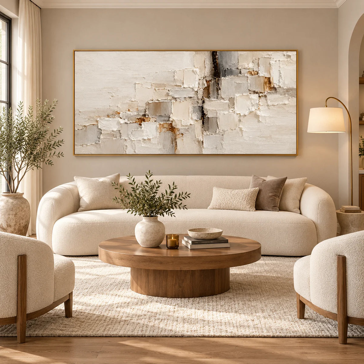 Neutral Beige White Textured Abstract Oil Painting, Hand Painted Modern Minimalist Canvas Wall Art for Living Room Bedroom | Ownanart
