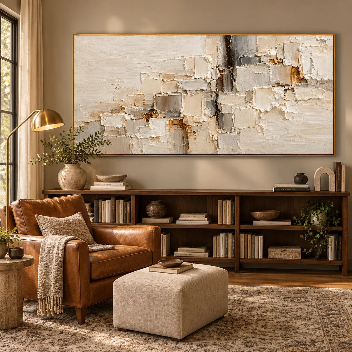 Neutral Beige White Textured Abstract Oil Painting, Hand Painted Modern Minimalist Canvas Wall Art for Living Room Bedroom | Ownanart
