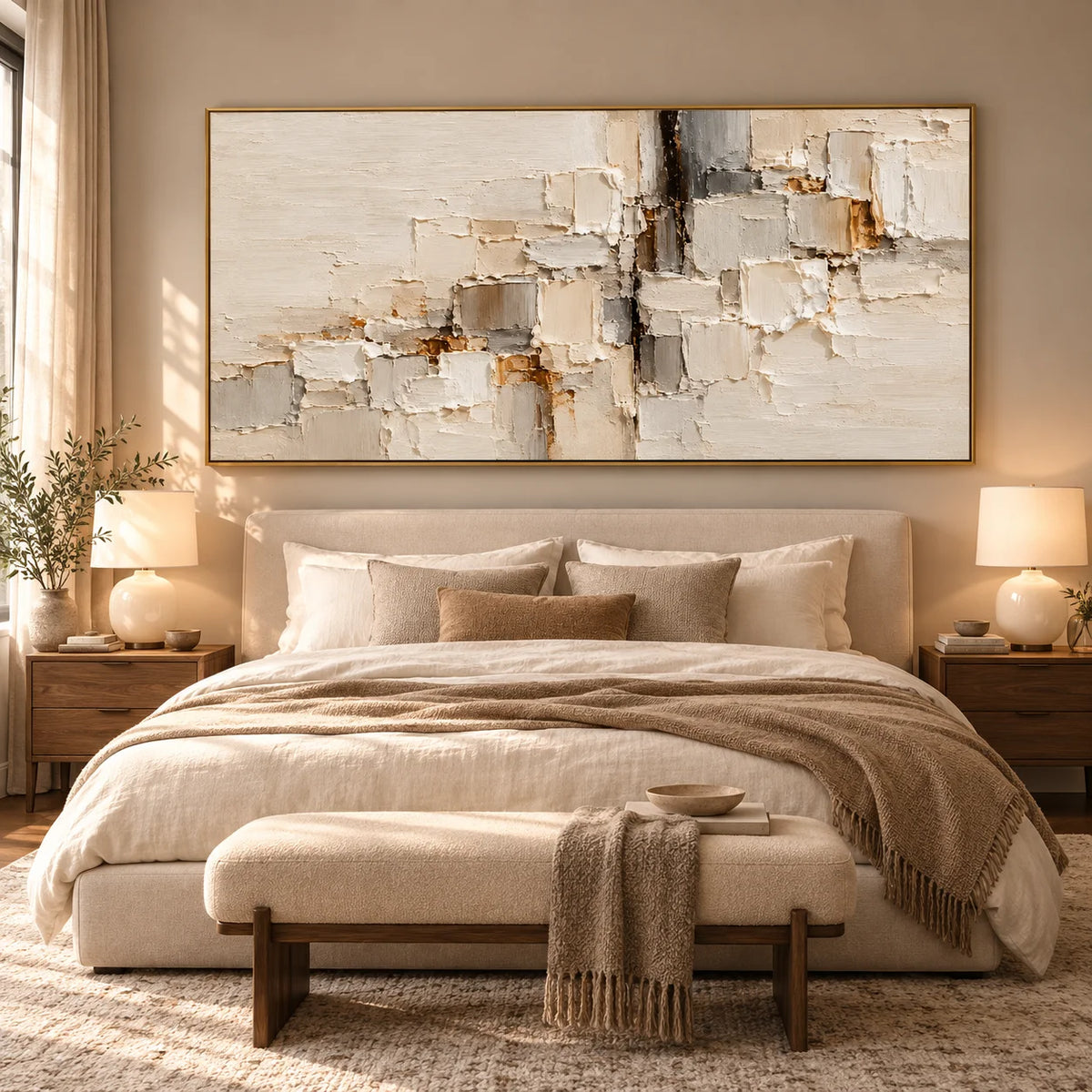 Neutral Beige White Textured Abstract Oil Painting, Hand Painted Modern Minimalist Canvas Wall Art for Living Room Bedroom | Ownanart
