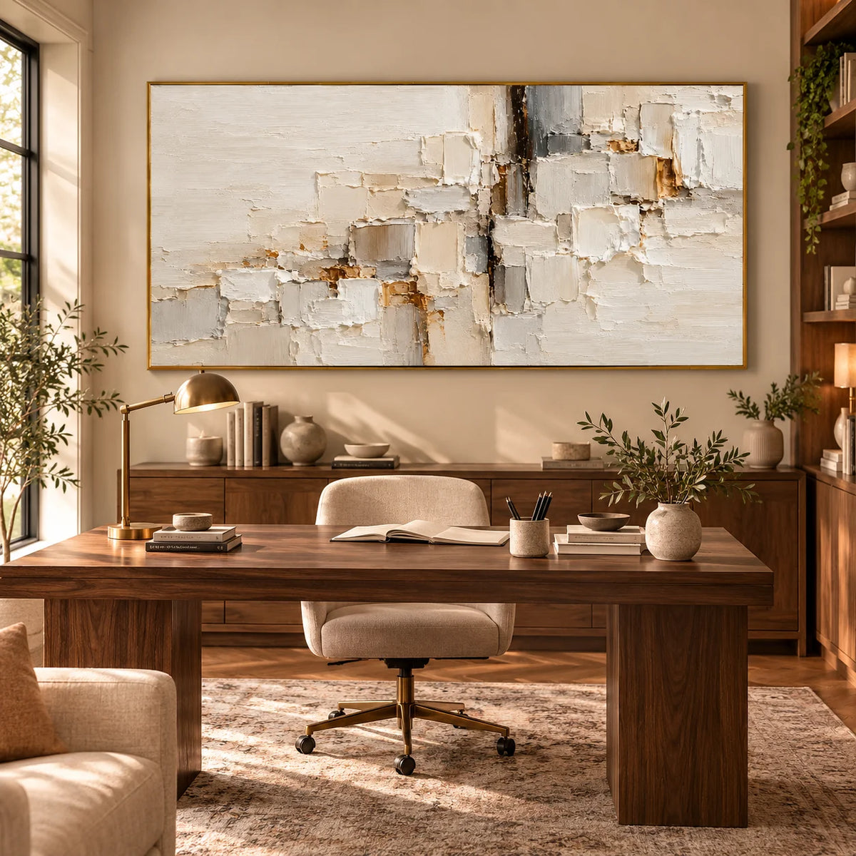 Neutral Beige White Textured Abstract Oil Painting, Hand Painted Modern Minimalist Canvas Wall Art for Living Room Bedroom | Ownanart