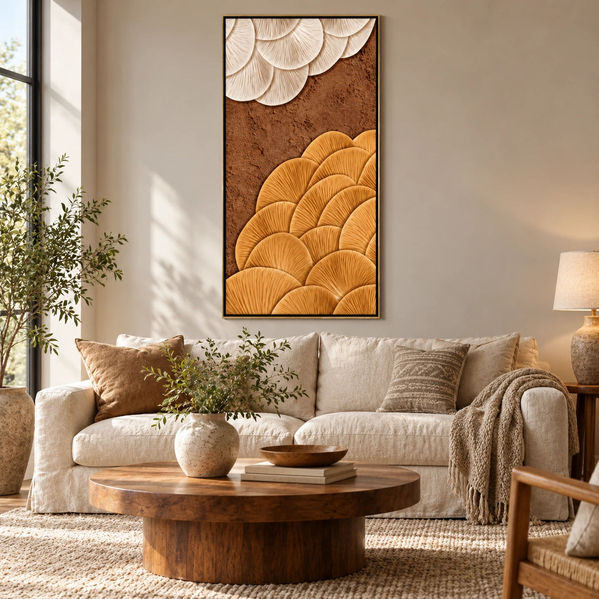 Ochre and Ivory Fan Abstract Oil Painting | Brown Sculptural Ribbed Texture Tall Vertical Wall Art #OA 1654