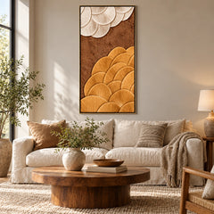 Ochre and Ivory Fan Abstract Oil Painting | Brown Sculptural Ribbed Texture Tall Vertical Wall Art #OA 1654