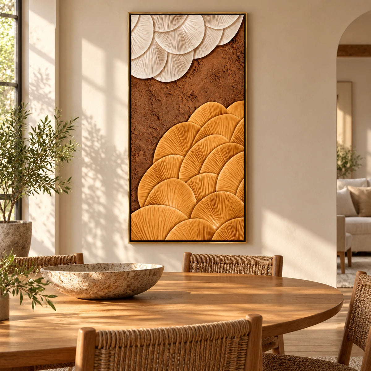 Ochre and Ivory Fan Abstract Oil Painting | Brown Sculptural Ribbed Texture Tall Vertical Wall Art #OA 1654