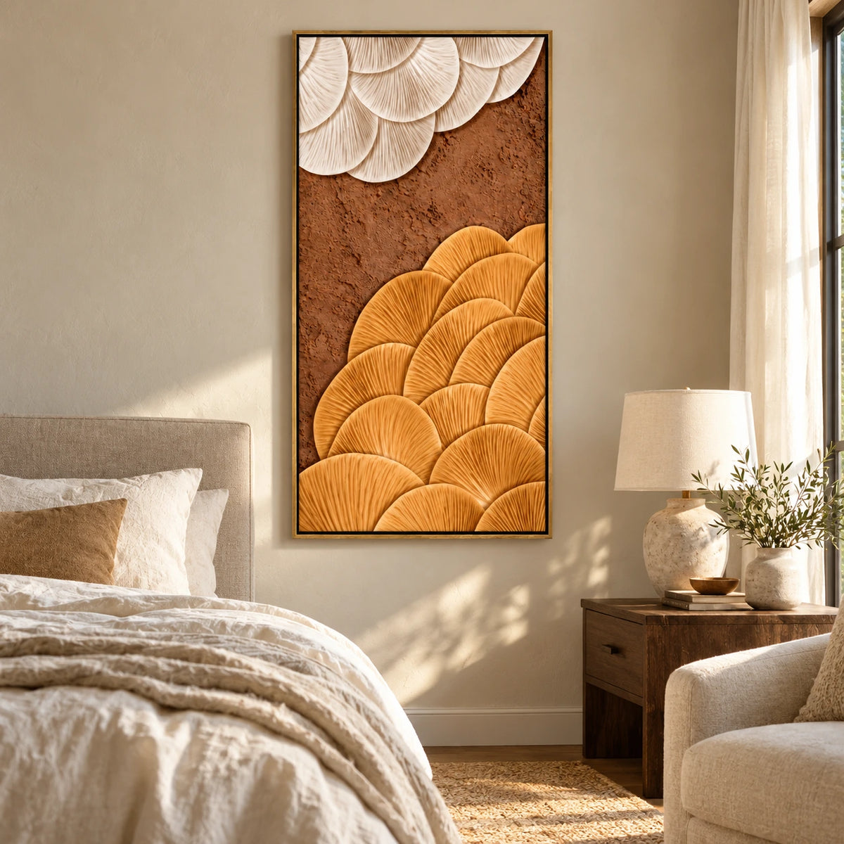 Ochre and Ivory Fan Abstract Oil Painting | Brown Sculptural Ribbed Texture Tall Vertical Wall Art #OA 1654