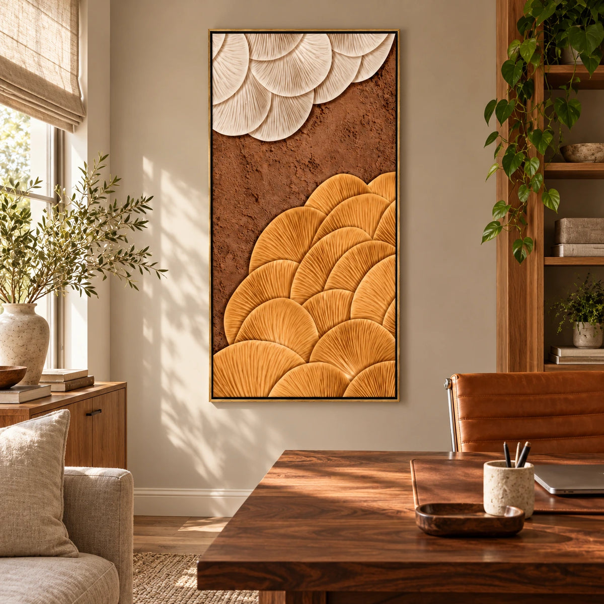 Ochre and Ivory Fan Abstract Oil Painting | Brown Sculptural Ribbed Texture Tall Vertical Wall Art #OA 1654