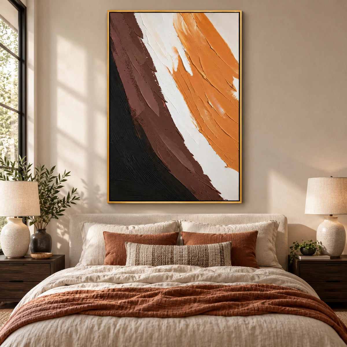 Orange Brown Black and White Abstract Oil Painting | Bold Diagonal Brushstrokes Textured Vertical Wall Art OA 1677