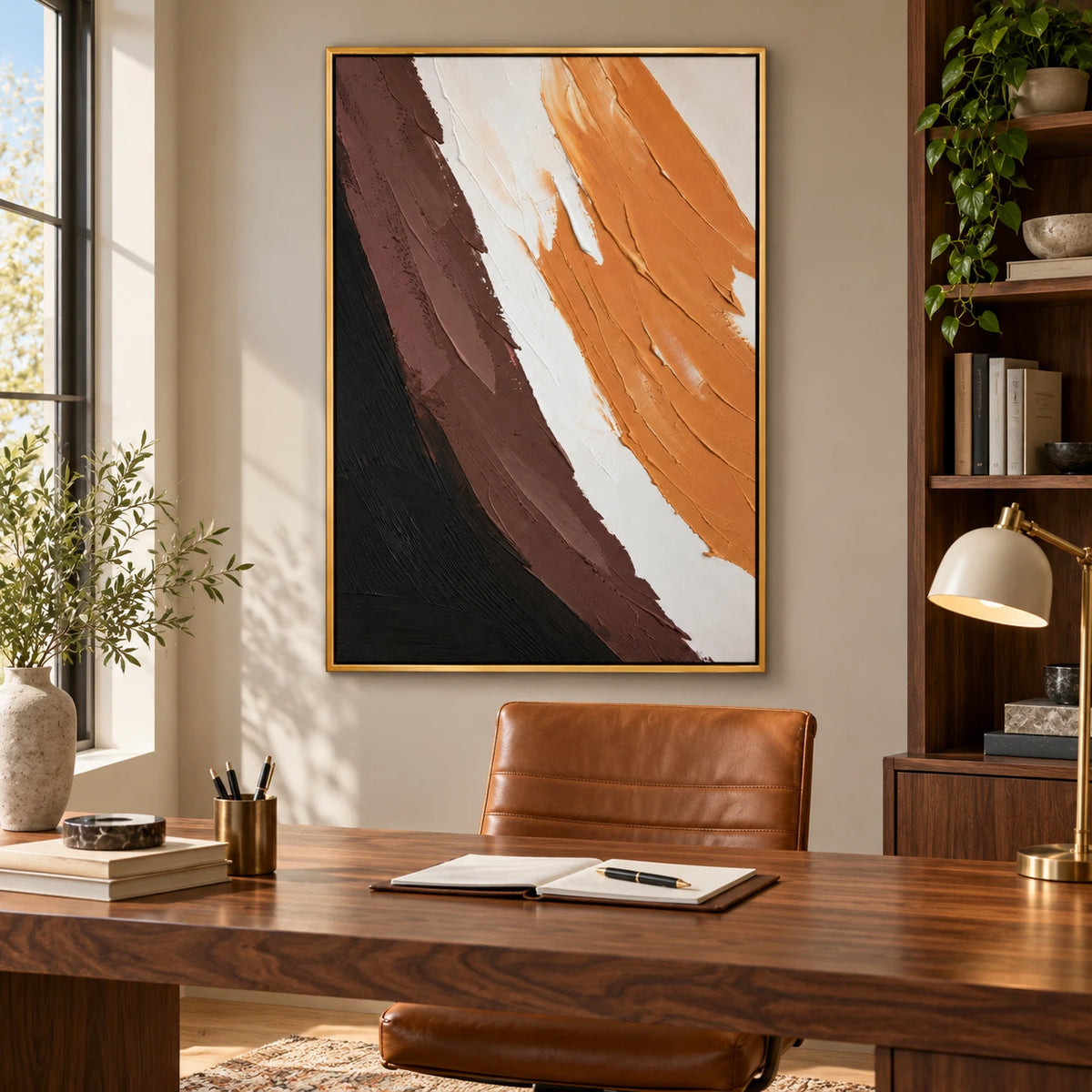Orange Brown Black and White Abstract Oil Painting | Bold Diagonal Brushstrokes Textured Vertical Wall Art OA 1677