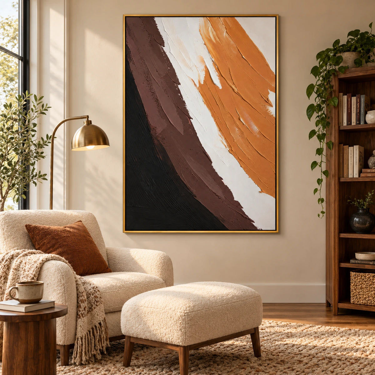 Orange Brown Black and White Abstract Oil Painting | Bold Diagonal Brushstrokes Textured Vertical Wall Art OA 1677