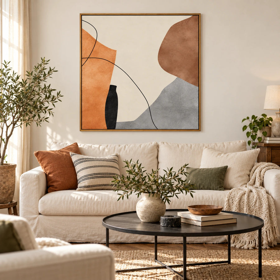 Orange Brown Grey and Cream Oil Painting | Fine Black Curves Organic Shapes Minimalist Square Abstract Wall Art #OA 1776