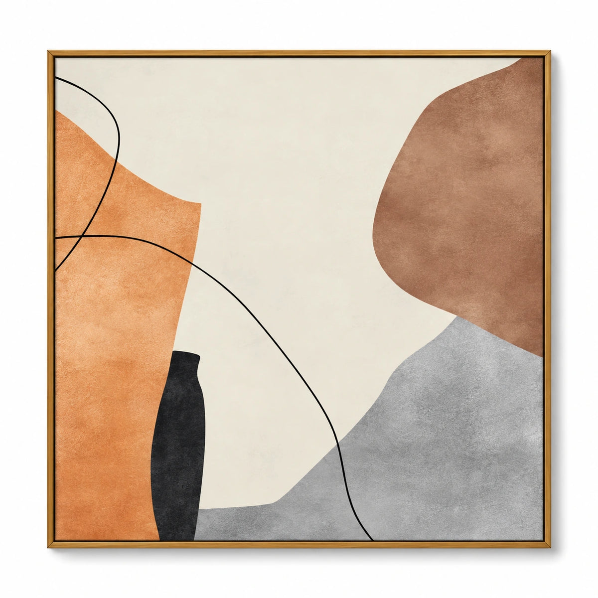 Orange Brown Grey and Cream Oil Painting | Fine Black Curves Organic Shapes Minimalist Square Abstract Wall Art OA 1776