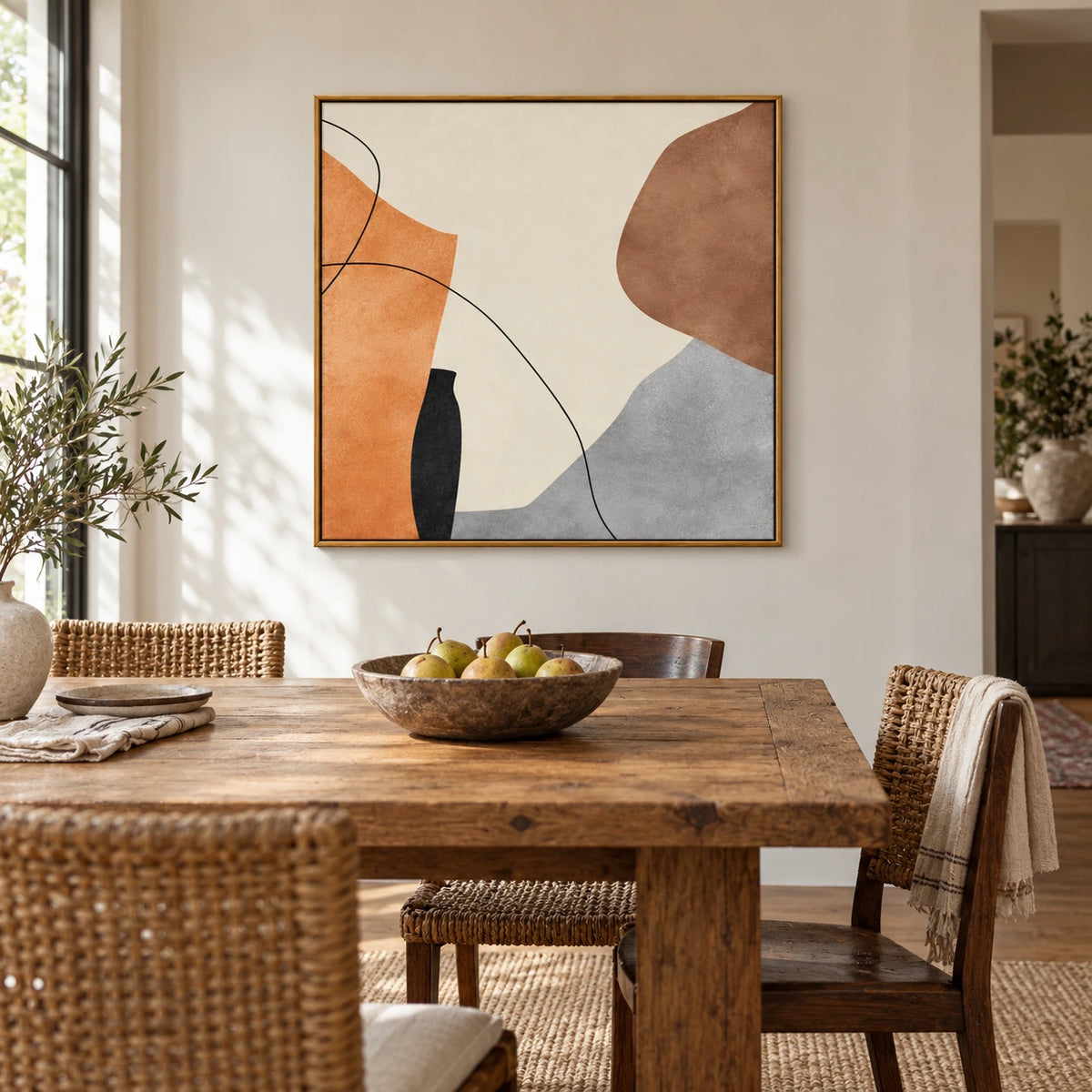 Orange Brown Grey and Cream Oil Painting | Fine Black Curves Organic Shapes Minimalist Square Abstract Wall Art OA 1776