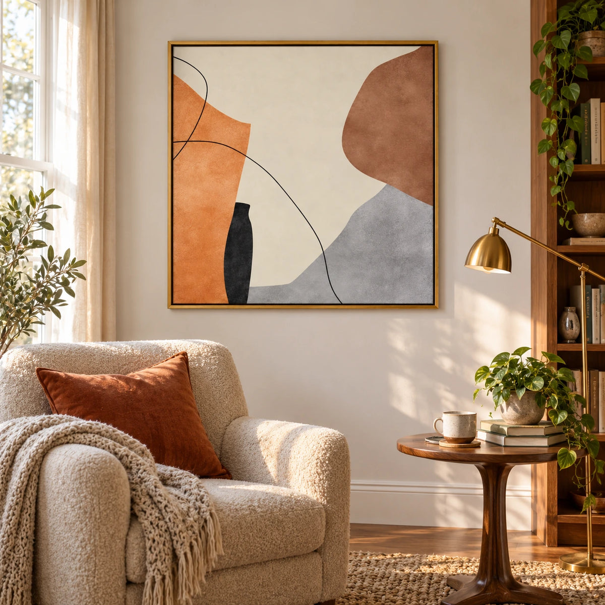 Orange Brown Grey and Cream Oil Painting | Fine Black Curves Organic Shapes Minimalist Square Abstract Wall Art OA 1776