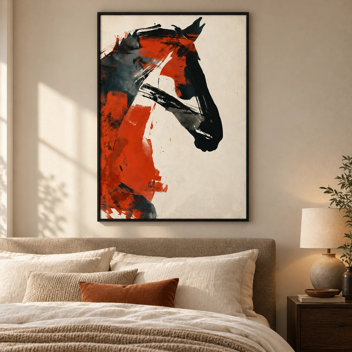 Orange and Black Abstract Horse Oil Painting | Modern Equestrian Portrait on Ivory Vertical Canvas Wall Art #OA 1633