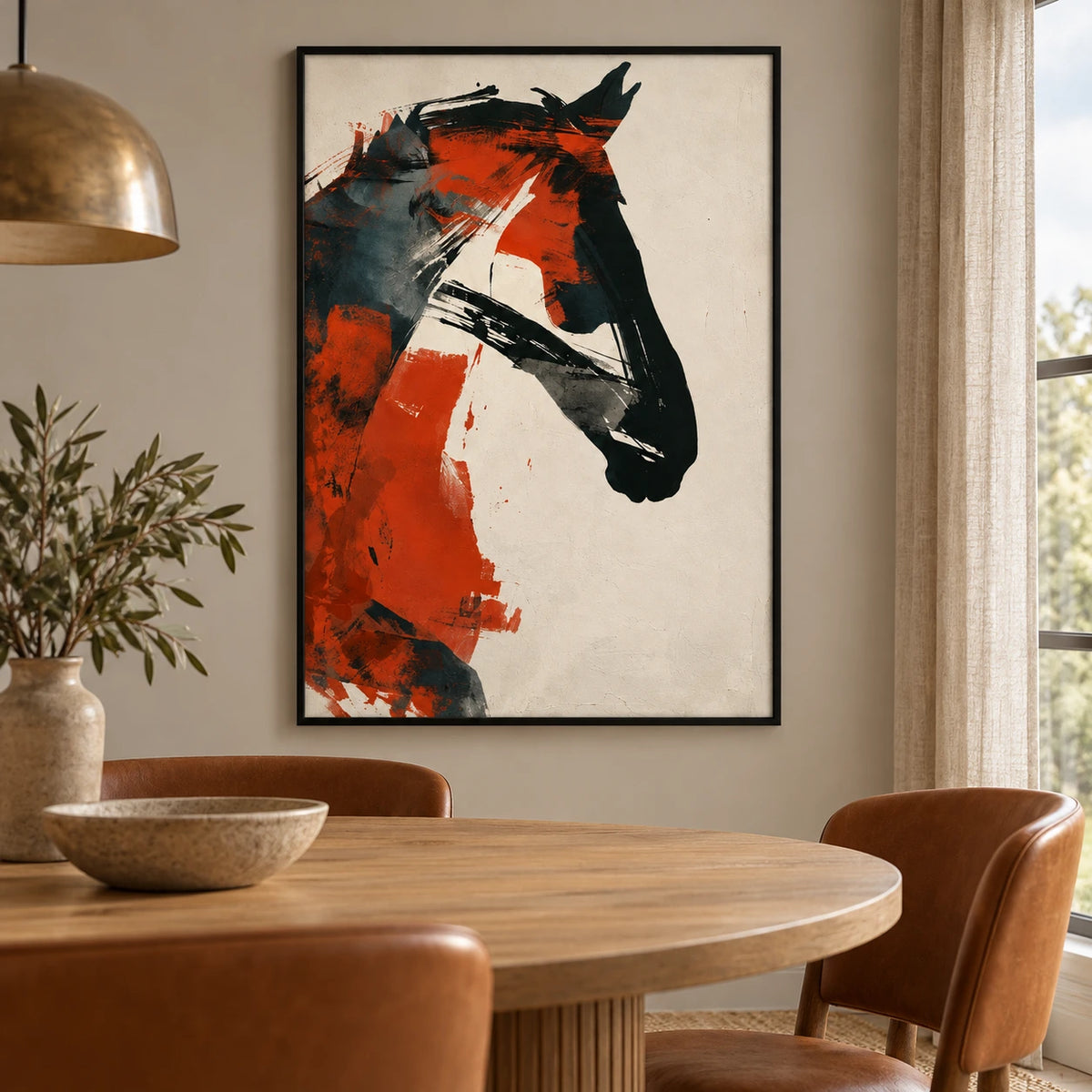 Orange and Black Abstract Horse Oil Painting | Modern Equestrian Portrait on Ivory Vertical Canvas Wall Art #OA 1633