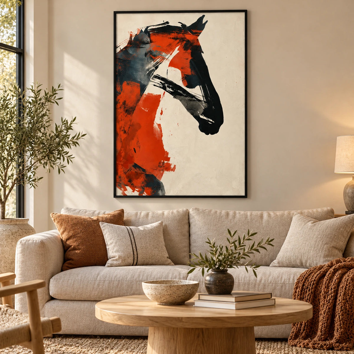 Orange and Black Abstract Horse Oil Painting | Modern Equestrian Portrait on Ivory Vertical Canvas Wall Art #OA 1633