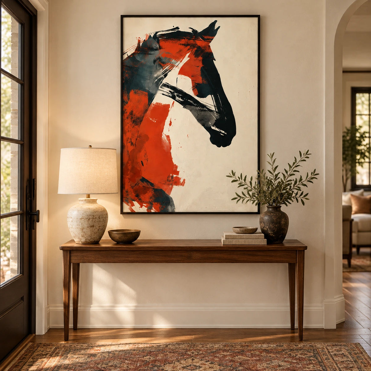 Orange and Black Abstract Horse Oil Painting | Modern Equestrian Portrait on Ivory Vertical Canvas Wall Art #OA 1633
