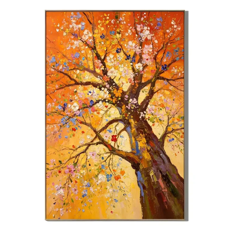 Original Hand-Painted Colorful Flower Tree Oil Painting – Orange & Golden Impasto Floral Tree Wall Art, Modern Impressionist Nature Artwork for Living Room & Bedroom # OA 1333