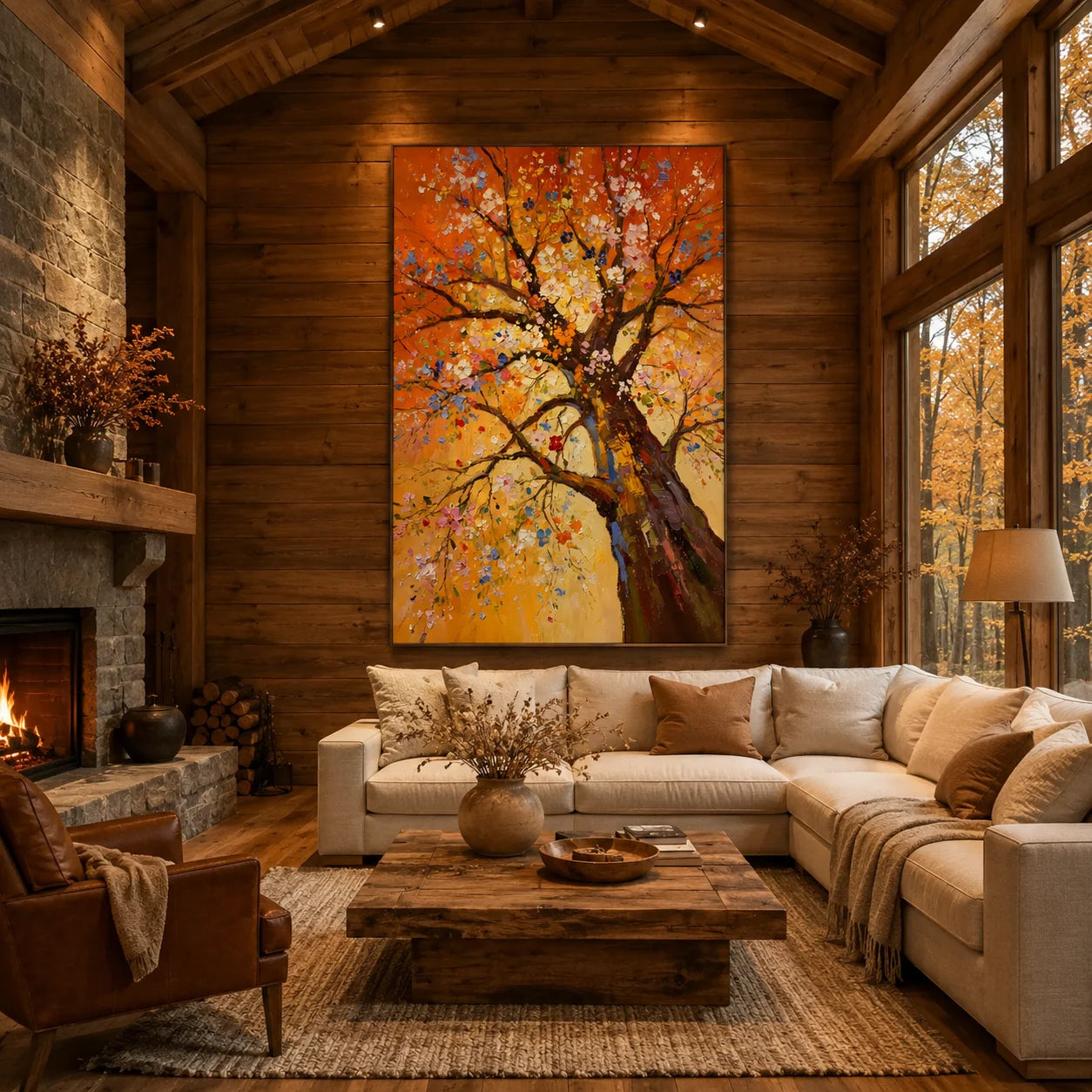 Original Hand-Painted Colorful Flower Tree Oil Painting – Orange & Golden Impasto Floral Tree Wall Art, Modern Impressionist Nature Artwork for Living Room & Bedroom # OA 1333