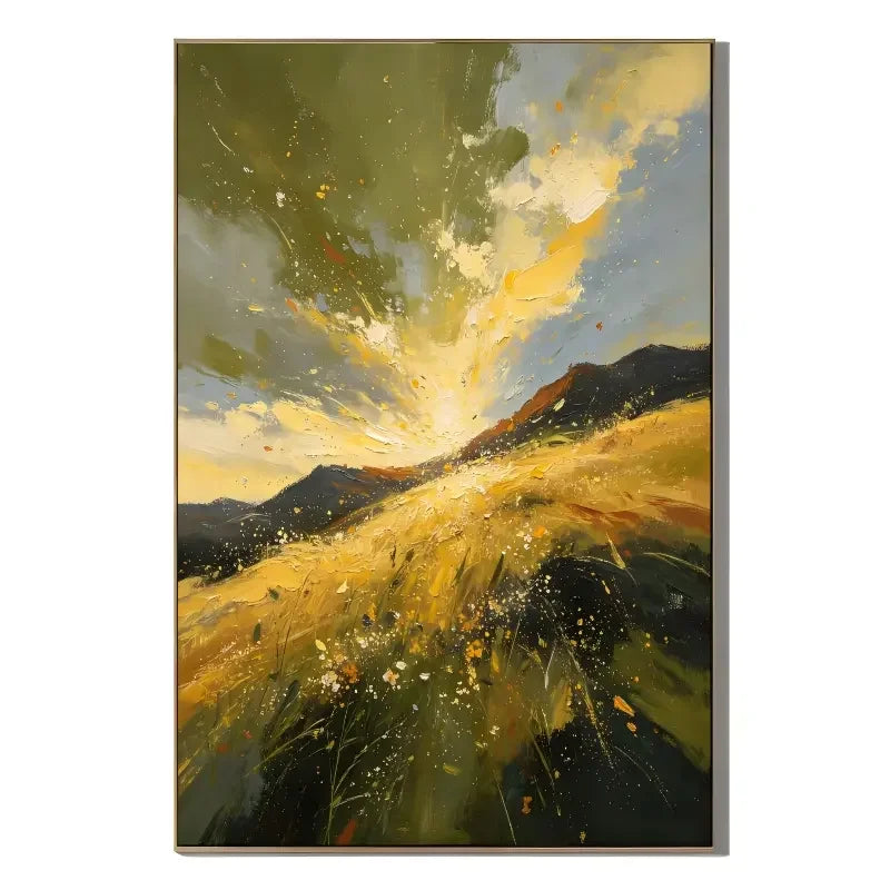 Original Hand-Painted Golden Mountain Landscape Oil Painting – Modern Abstract Impasto Field & Mountain Wall Art, Impressionist Nature Artwork for Living Room & Bedroom # OA 1334
