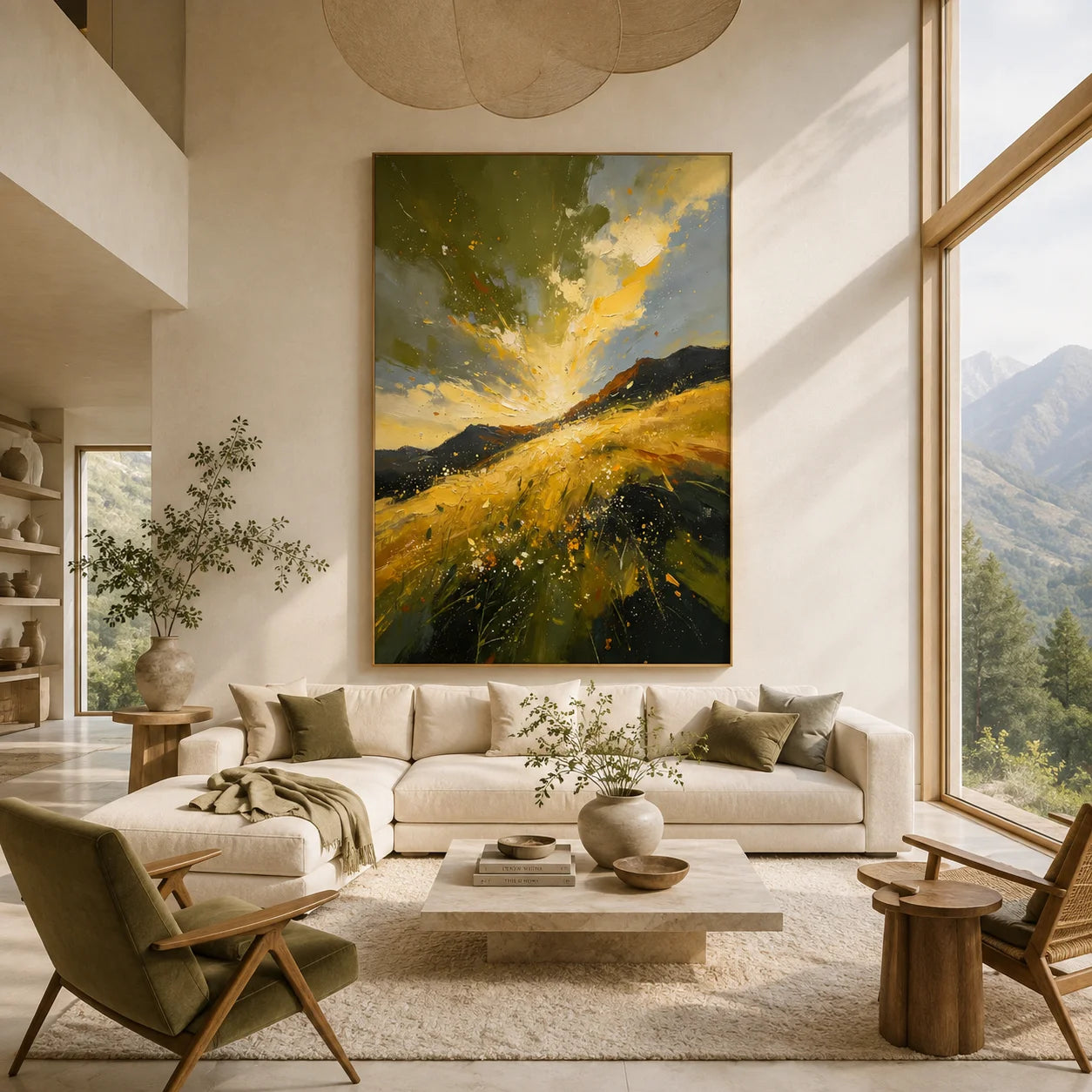 Original Hand-Painted Golden Mountain Landscape Oil Painting – Modern Abstract Impasto Field & Mountain Wall Art, Impressionist Nature Artwork for Living Room & Bedroom # OA 1334