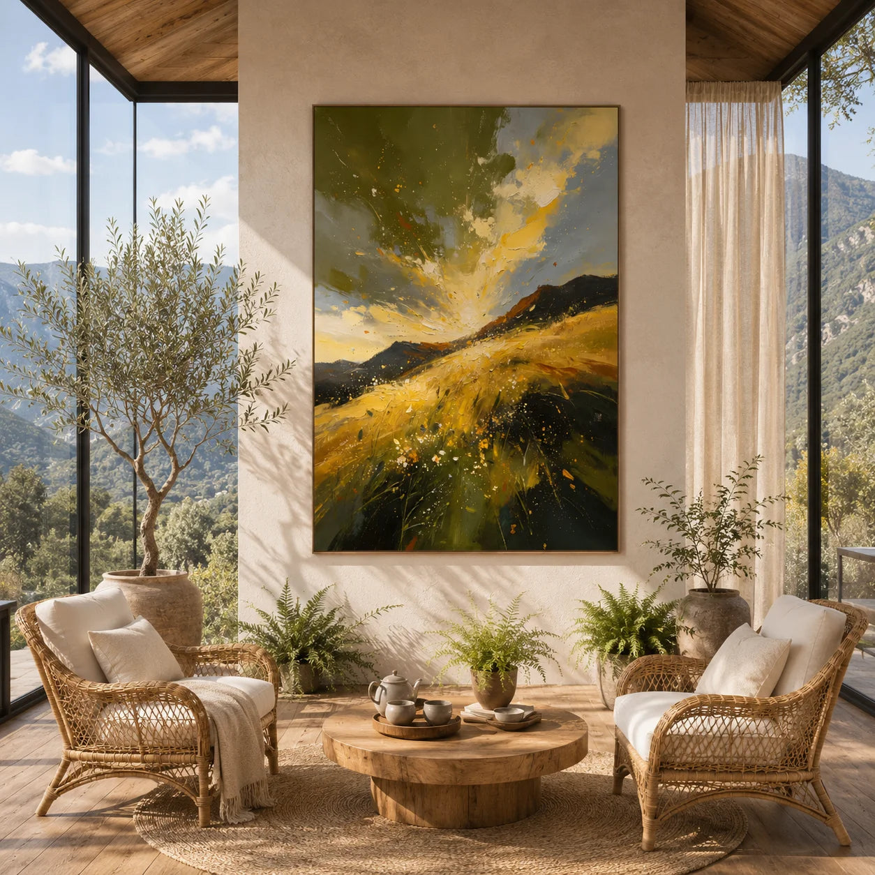 Original Hand-Painted Golden Mountain Landscape Oil Painting – Modern Abstract Impasto Field & Mountain Wall Art, Impressionist Nature Artwork for Living Room & Bedroom # OA 1334