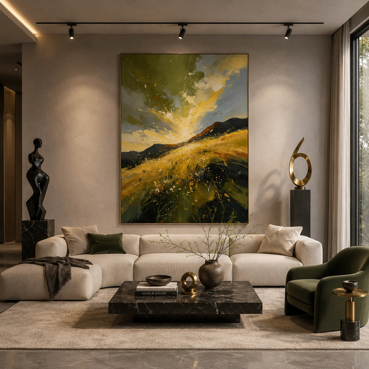 Original Hand-Painted Golden Mountain Landscape Oil Painting – Modern Abstract Impasto Field & Mountain Wall Art, Impressionist Nature Artwork for Living Room & Bedroom # OA 1334