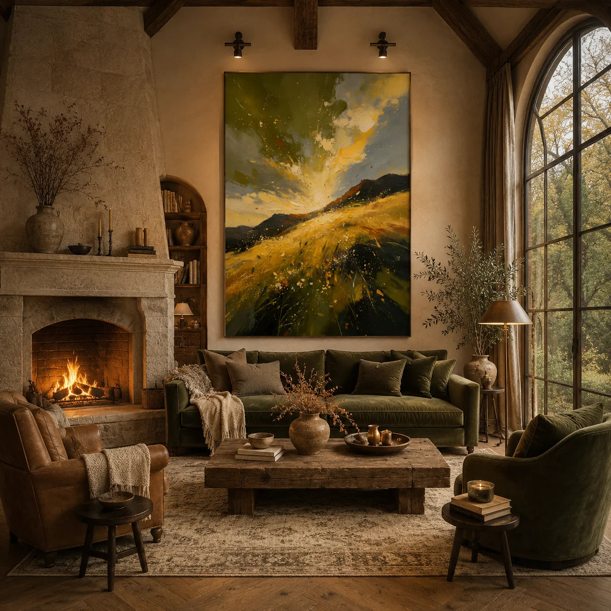 Original Hand-Painted Golden Mountain Landscape Oil Painting – Modern Abstract Impasto Field & Mountain Wall Art, Impressionist Nature Artwork for Living Room & Bedroom # OA 1334