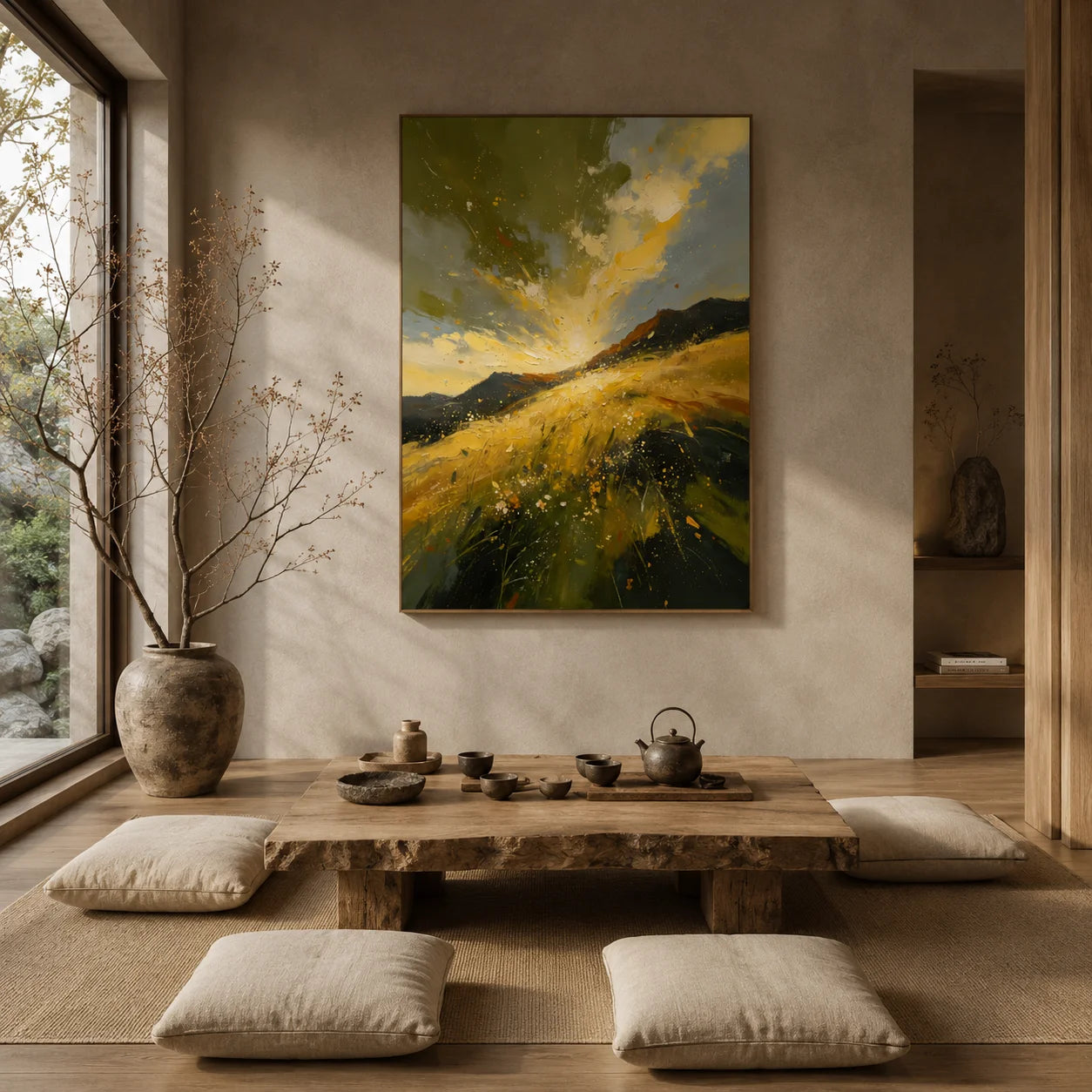 Original Hand-Painted Golden Mountain Landscape Oil Painting – Modern Abstract Impasto Field & Mountain Wall Art, Impressionist Nature Artwork for Living Room & Bedroom # OA 1334