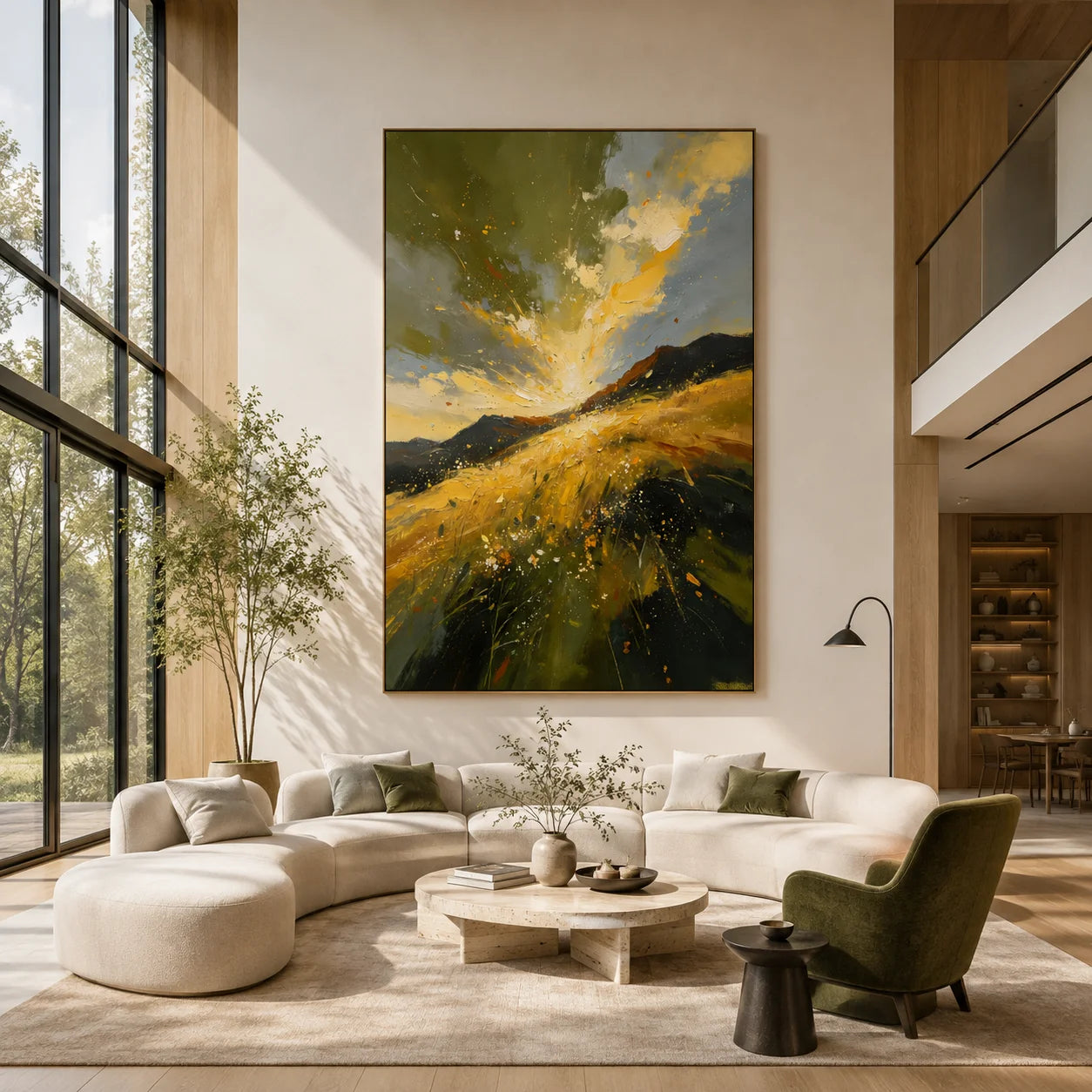 Original Hand-Painted Golden Mountain Landscape Oil Painting – Modern Abstract Impasto Field & Mountain Wall Art, Impressionist Nature Artwork for Living Room & Bedroom # OA 1334