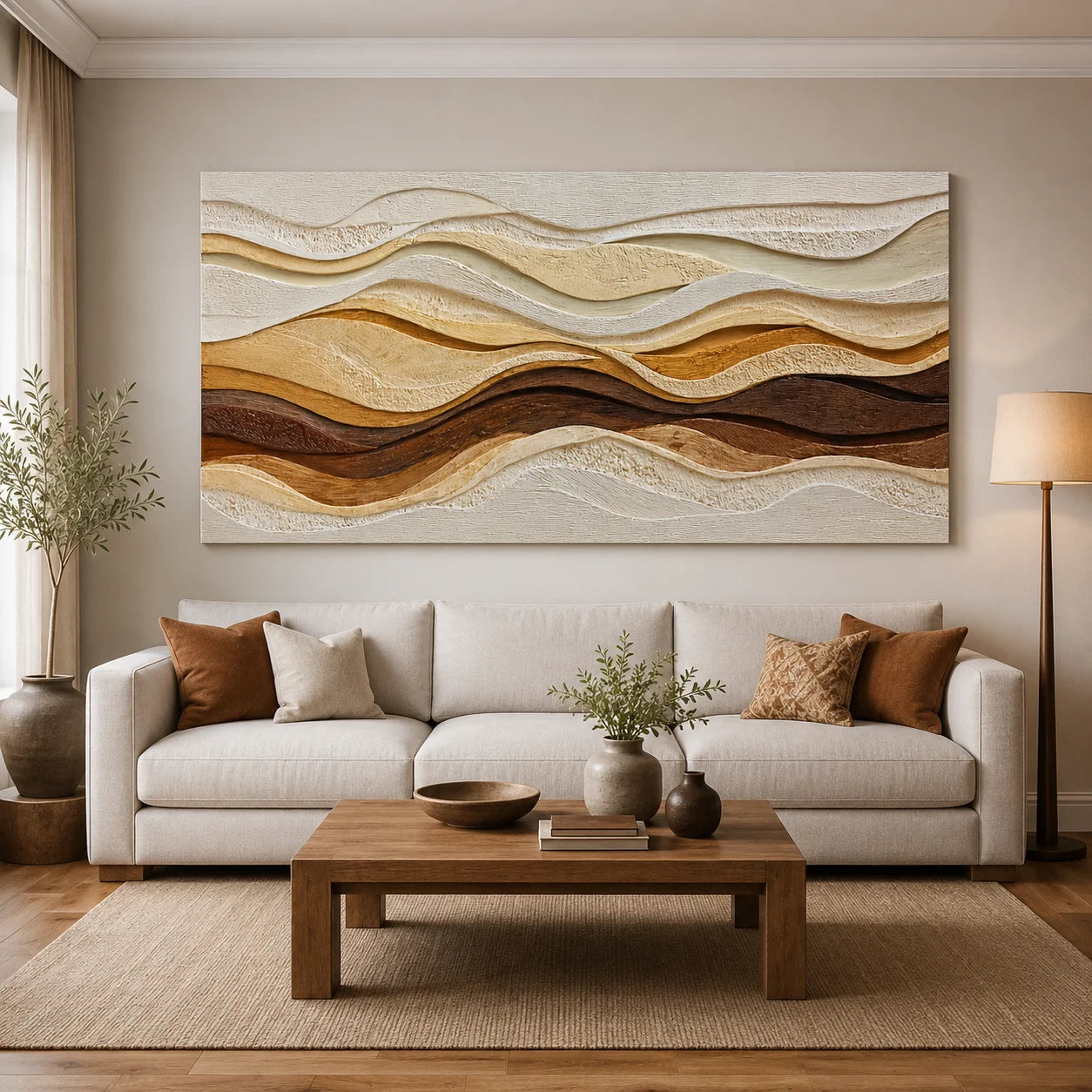 Hand-Painted Textured Abstract Wave Oil Painting, Brown Beige 3D Wall Art for Modern Luxury Home Decor#OA 0927