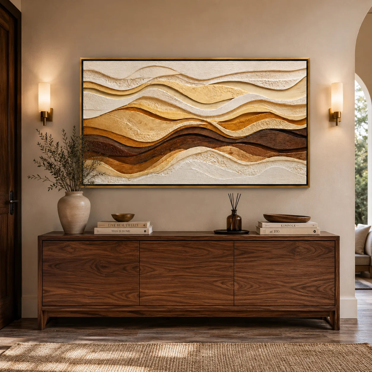 Hand-Painted Textured Abstract Wave Oil Painting, Brown Beige 3D Wall Art for Modern Luxury Home Decor#OA 0927