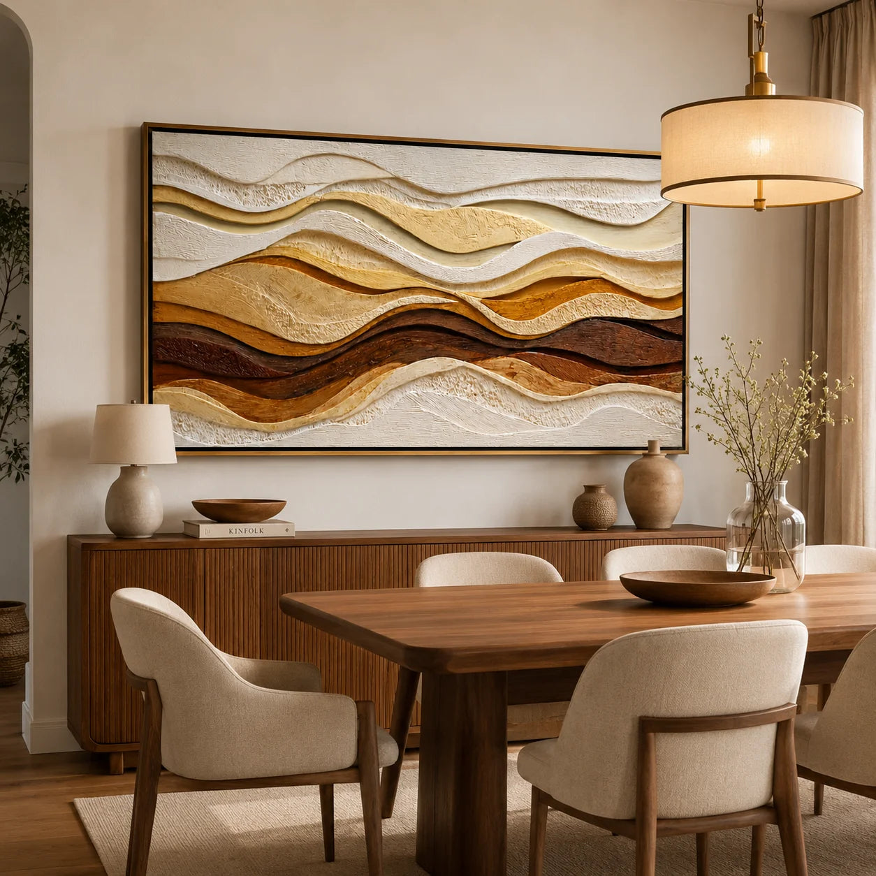Hand-Painted Textured Abstract Wave Oil Painting, Brown Beige 3D Wall Art for Modern Luxury Home Decor#OA 0927
