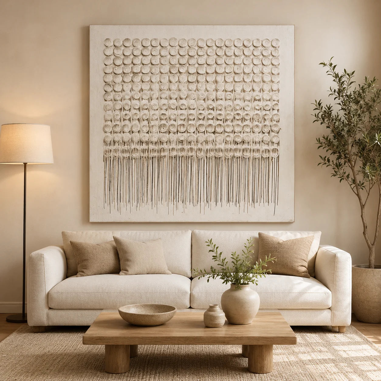 Hand-Painted White Textured Abstract Oil Painting, 3D Circle Wall Art for Minimalist Luxury Home Decor #OA 0924