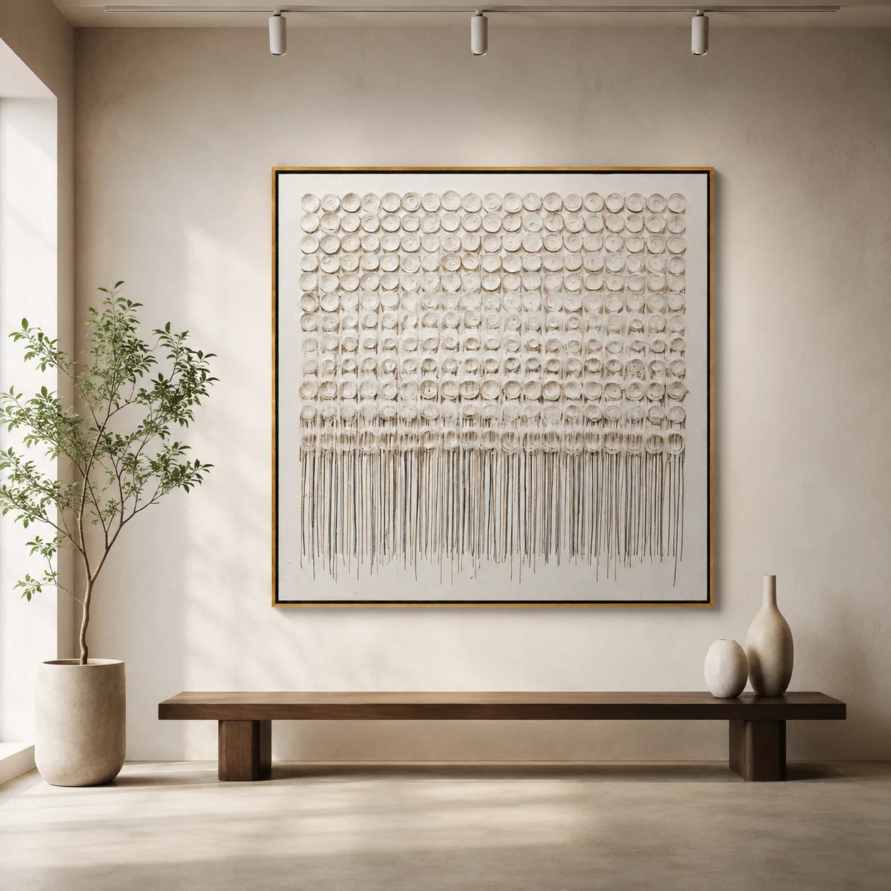 Hand-Painted White Textured Abstract Oil Painting, 3D Circle Wall Art for Minimalist Luxury Home Decor #OA 0924
