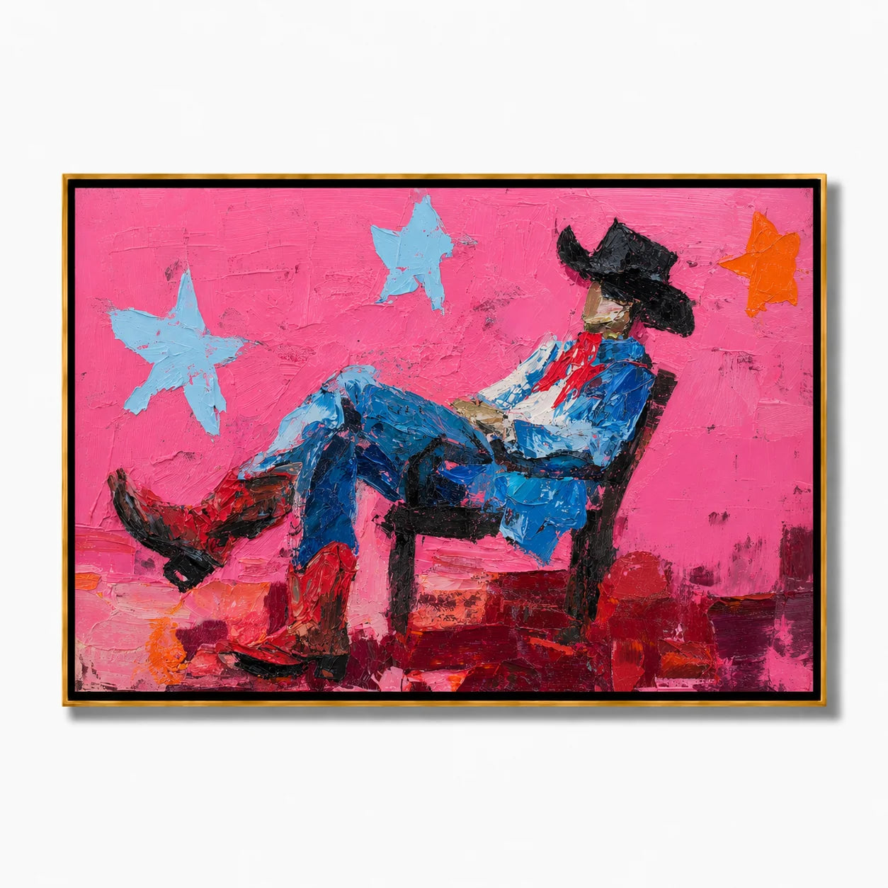 Pink Cowboy Hand-Painted Oil Painting, Horizontal Textured Western Wall Art for Modern Home Decor#OA 0970