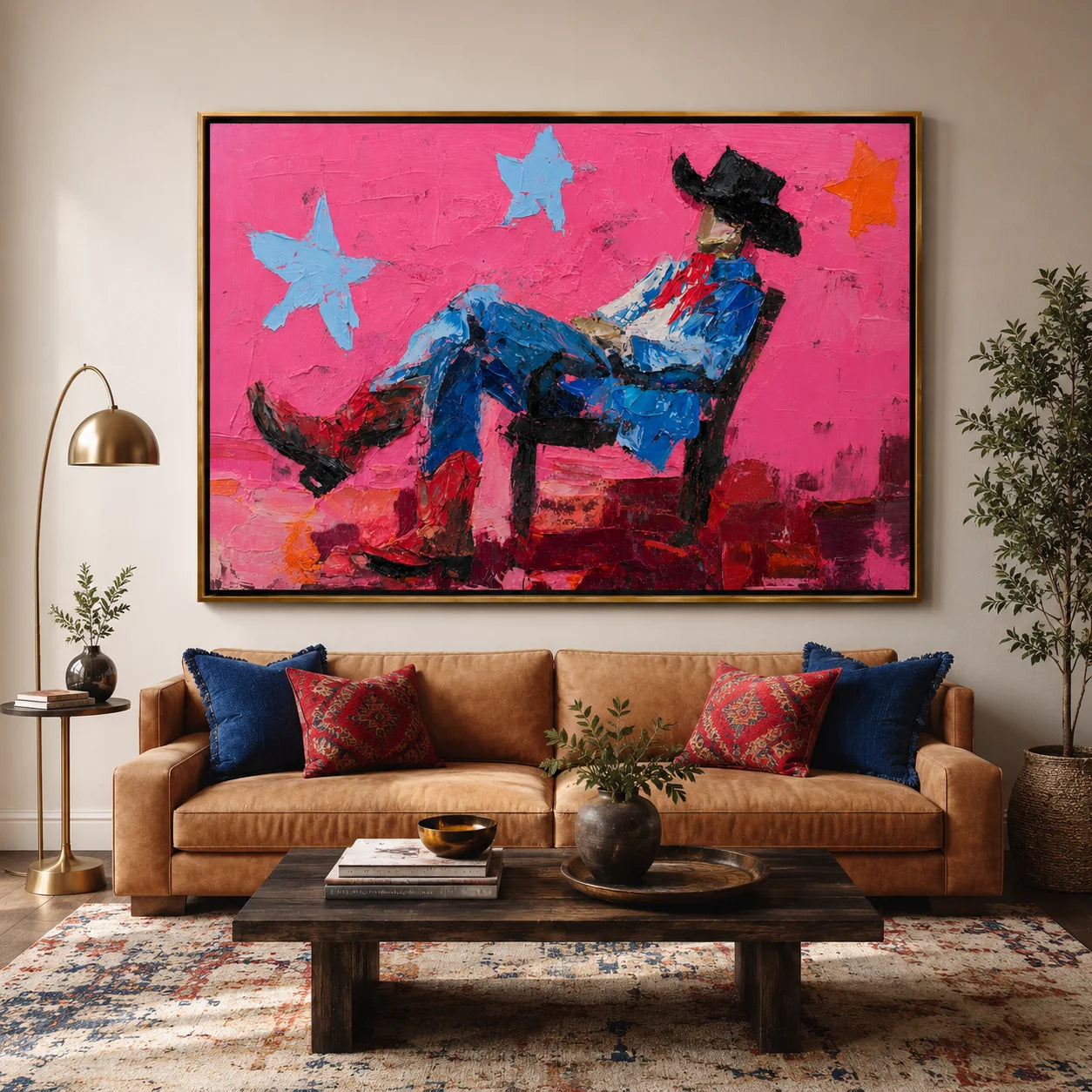 Pink Cowboy Hand-Painted Oil Painting, Horizontal Textured Western Wall Art for Modern Home Decor#OA 0970