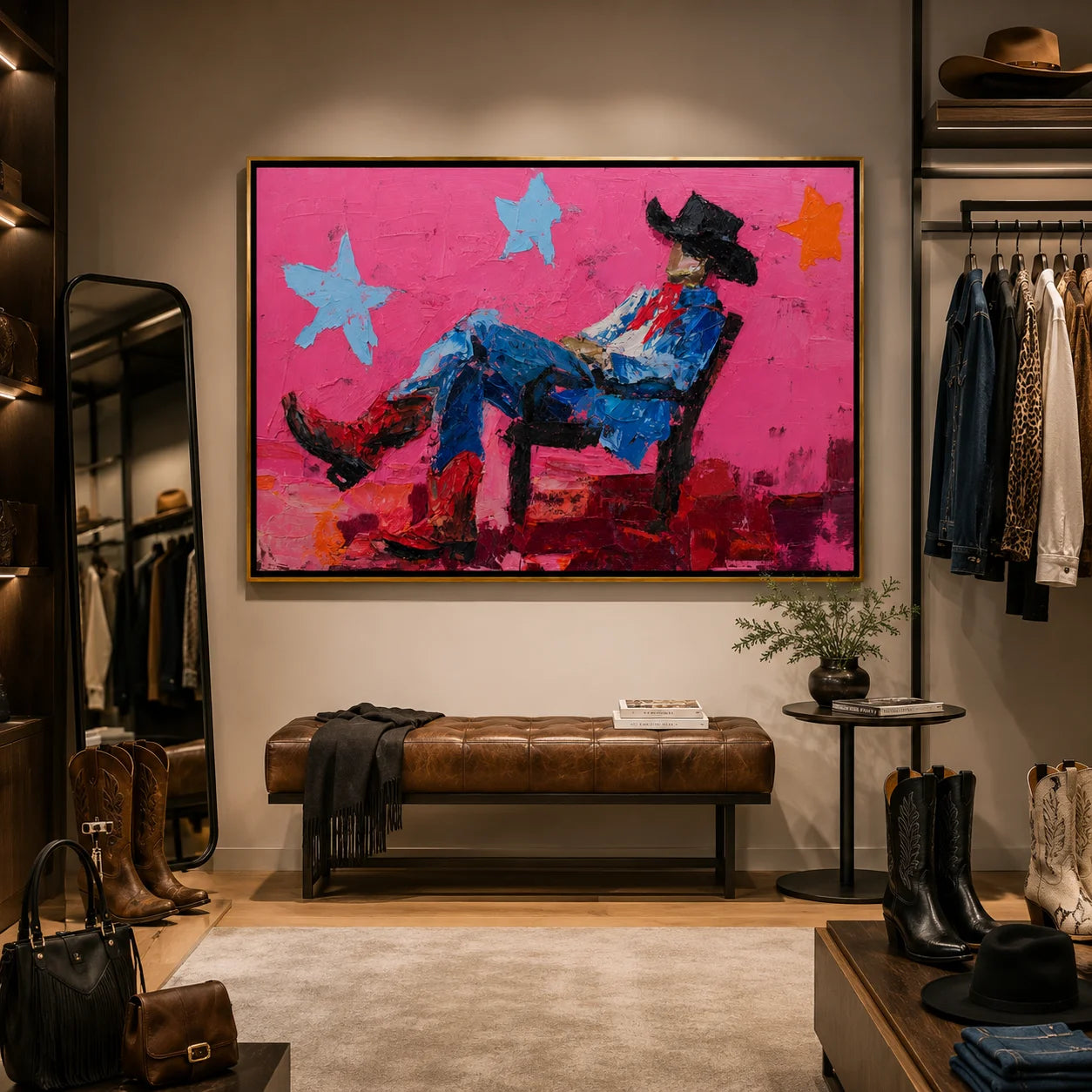 Pink Cowboy Hand-Painted Oil Painting, Horizontal Textured Western Wall Art for Modern Home Decor#OA 0970