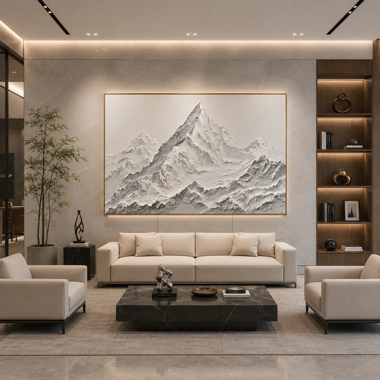 Snow Mountain Landscape Hand-Painted Oil Painting | White Gray Textured Mountain Wall Art # OA 1072