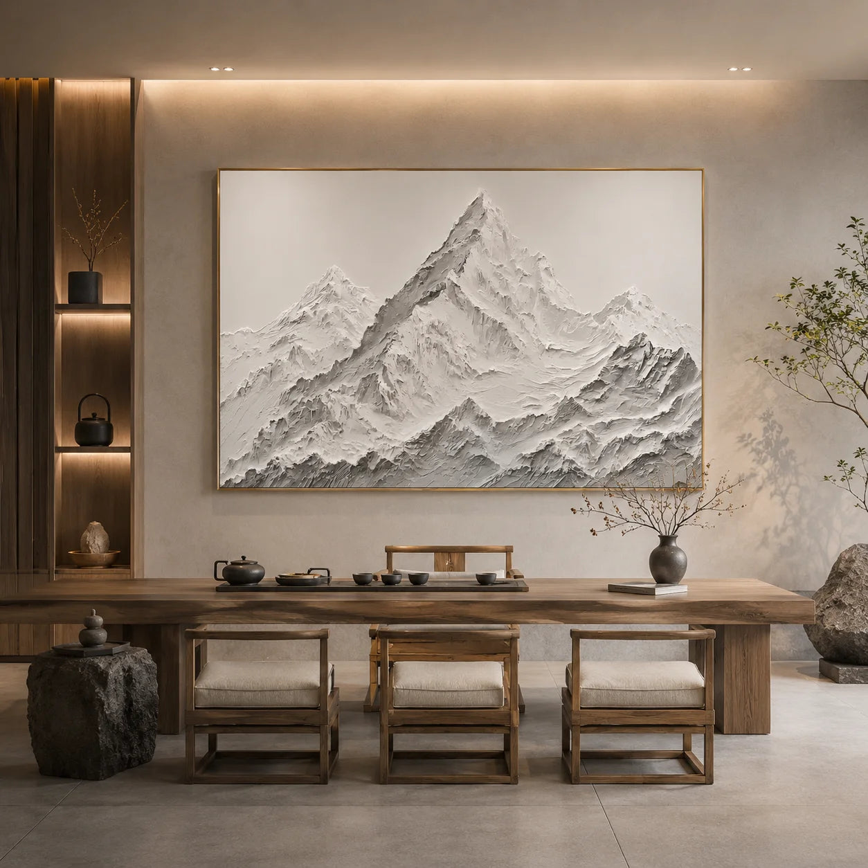 Snow Mountain Landscape Hand-Painted Oil Painting | White Gray Textured Mountain Wall Art # OA 1072