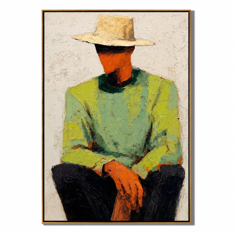 Abstract Man with Hat Hand-Painted Oil Painting | Modern Portrait Wall Art for Living Room & Bedroom #OA 0916