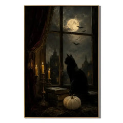 Ownanart Hand-Painted Black Cat Under Full Moon Oil Painting | Gothic Halloween Wall Art | Dark Academia Canvas Artwork | Mystical Castle Night Window Decor for Living Room, Bedroom & Entryway # OA 1289