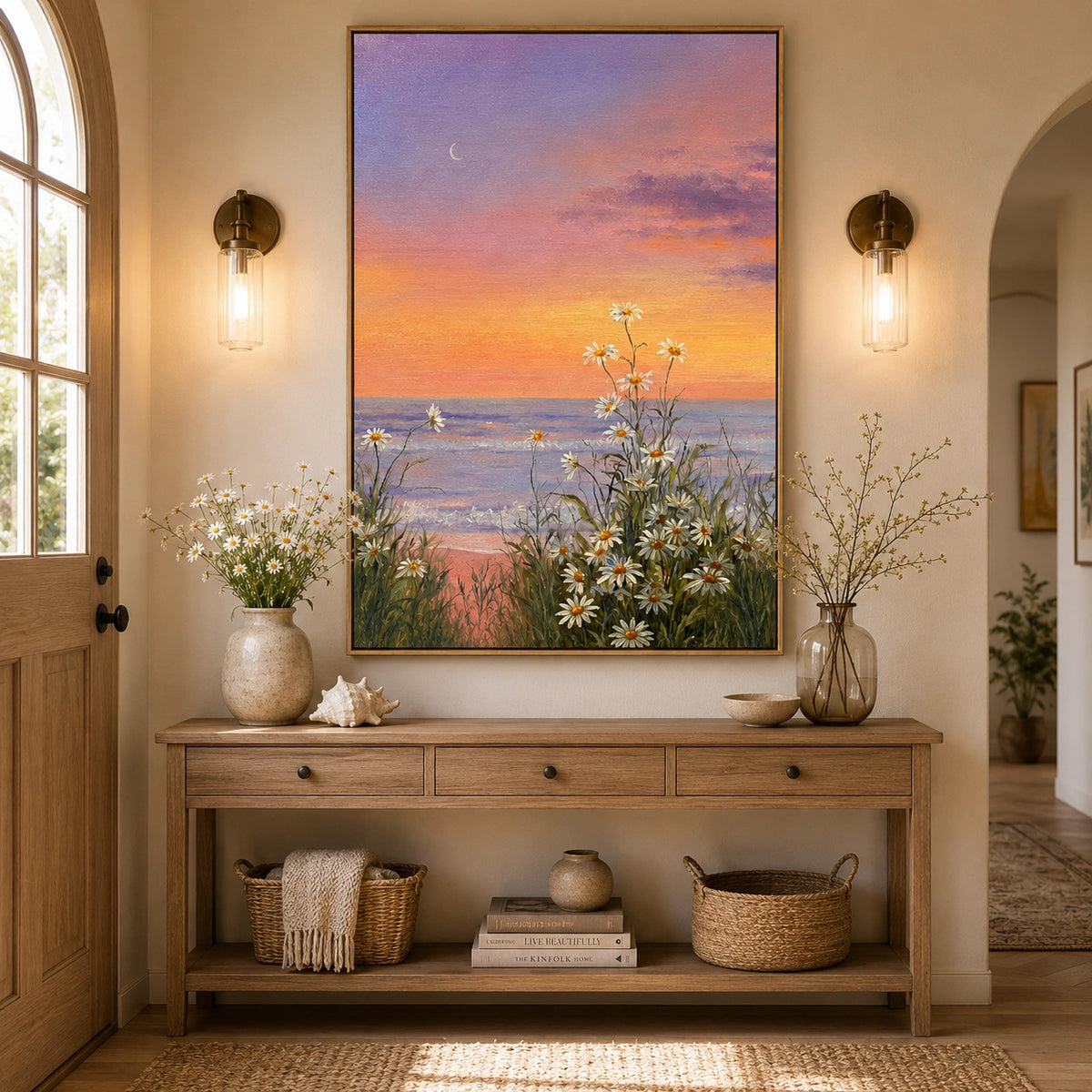 Ownanart Hand-Painted Coastal Sunset Daisy Oil Painting – Pink Purple Sky, Crescent Moon and Floral Seascape Wall Art  # OA 1286